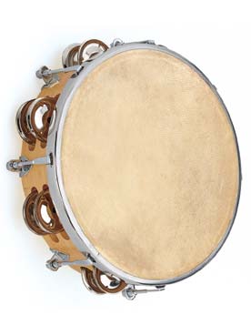 Illustration de Tambourin peau naturelle diam. 20 cm avec 6 cymbalettes doubles, 7 vis de serrage avec clé, cerclage bois
