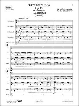 Illustration de Asturias (N° 5 Suite espagnole op. 47), tr. pour quintette de clarinettes (3 clarinettes si b, cor de basset et clarinette basse)