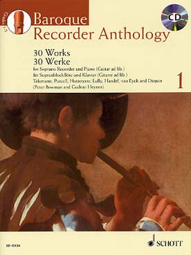 Illustration de BAROQUE RECORDER ANTHOLOGY : œuvres des 17e et 18e siècles sél. et arr. par Bowman/Heyens (flûte à bec soprano) - Vol. 1 : 30 pièces faciles