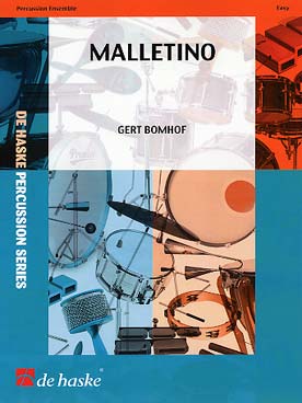 Illustration de Malletino pour ensemble de percussions (glockenspiel, 4 marimbas, vibraphone, cloche à vache, temple blocks, bongos, batterie, timbales)