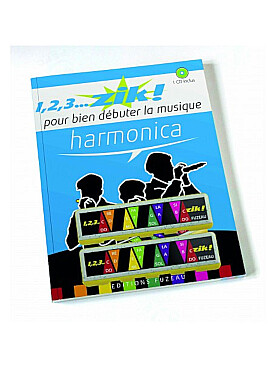 Illustration de 1, 2, 3... ZIK : pour bien débuter la musique - harmonica : livret + CD, 2 harmonicas Hohner en do avec le nom des notes