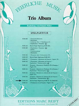 Illustration de TRIO ALBUM "Junior series" : Feierliche musik (parties 1 en si b et do, cor fa parties 2 en si b et do, cor en si b, partie en clé de fa, trombone/euph. et 2 conducteurs piano ou orgue)
