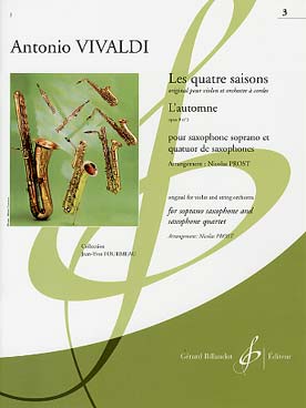 Illustration de Les Quatre saisons op. 8 N° 3 : L'automne pour violon et cordes, tr. Prost pour saxo soprano et quatuor de saxophones SATB (conducteur + parties)