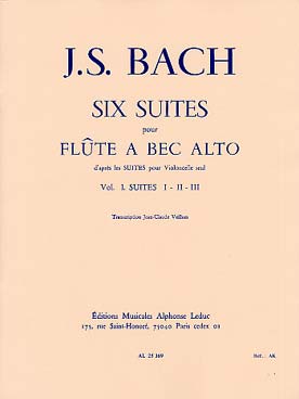 Illustration de 6 Suites pour violoncelle (tr. Veilhan pour flûte à bec alto) - Vol. 1 : Suites 1, 2, 3