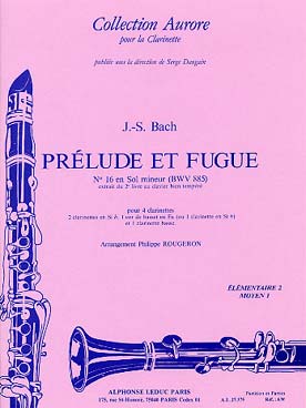 Illustration de Prélude et fugue N° 16 BWV 885 en sol m du Clavier bien tempéré (tr. Rougeron pour 2 clar. si b, 1 cor de basset en fa ou 1 clar. sib, et 1 clar. basse)