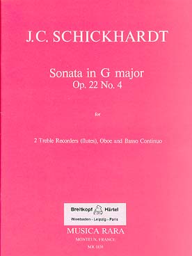 Illustration de Sonate op. 22 N° 4 en sol M pour 2 flûtes à bec alto (ou traversières), hautbois et basse continue