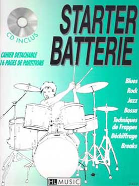 Illustration de STARTER BATTERIE (Billaudy/Salusse) Méthode débutants avec CD : blues, rock, jazz, bossa, techniques de frappe... - Vol. 1