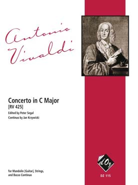Illustration de Concerto RV 425 en do M pour mandoline (guitare), cordes et basse continue (C + P : soliste, violons 1 et 2, alto, violoncelle et clavecin)