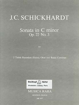 Illustration de Sonate op. 22 N° 3 en do m pour 2 flûtes à bec alto (ou traversières), hautbois et basse continue