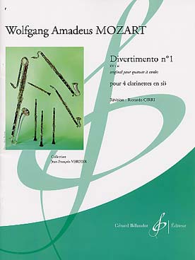 Illustration de Divertimento N° 1 K 136, original pour quatuor à cordes, tr. Cirri pour 4 clarinettes si b
