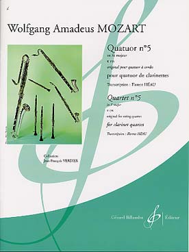 Illustration de Quatuor N° 5 K 158 en fa M pour quatuor à cordes, tr. Héau pour quatuor de clarinettes