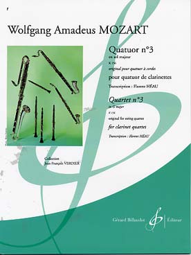 Illustration de Quatuor N° 3 K 156 en sol M, tr. Héau pour quatuor de clarinettes
