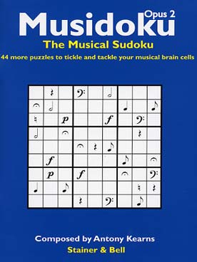 Illustration de MUSIDOKU, le sudoku musical : 44 grilles de niveau progressif, où les chiffres sont remplacés par des éléments du langage musical.