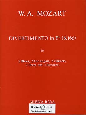Illustration de Divertimento KV 166 en mi b M (2 hautbois, 2 cors anglais, 2 cors, 2 clarinettes et 2 bassons)