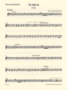 Illustration de Te deum H 146 en ré M pour solistes SATB chœur mixte, 2 flûtes, 2 hautbois, 2 trompettes, percussion partie hautes-contre violon (alto 1)