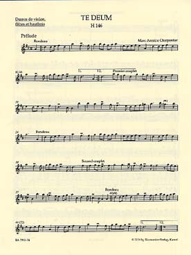 Illustration de Te deum H 146 en ré M pour solistes SATB chœur mixte, 2 flûtes, 2 hautbois, 2 trompettes, percussion partie de dessus de violon, flûtes et hautbois (violon 1)