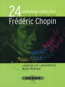 Illustration de 24 Études op. 10 et 25 : une étude par M. Widmaier des 8 premières mesures de chaque étude avec des exercices pour chaque opus (allemand/anglais)