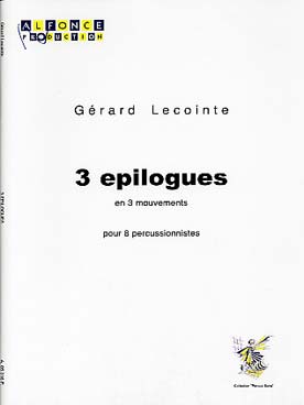 Illustration de 3 Epilogues pour 8 percussionnistes : 2 vibraphones et 6 marimbas (certains jouant aussi d'autres percussions : grosse caisse, glockenspiel, cymbale, triangle, timbales etc.)