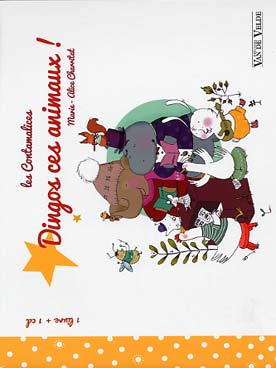 Illustration de Les Contamalices, contes permettant des activités d'apprentissage musicaux - Dingo ces animaux (5-7 ans) : Corentin et Framboise ramassent de l'herbe et du trèfle dans le jardin de grand-père...