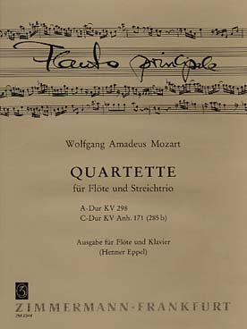 Illustration de Quatuors K 298 en la M et Anh.171 en do M (285b) pour flûte et cordes réduc. flûte et piano (tr. Eppel)