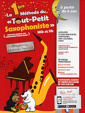 Illustration de La 1re MÉTHODE TOUT PETIT SAXOPHONISTE activités, jeux musicaux, comptines, airs célèbres, duos... avec téléchargement, à partir de 6 ans