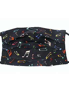 Illustration de MASQUE en coton imprimé notes, 2 couches de tissu, réglable au niveau du nez avec élastiques souples, noir impression multicolore, fabriqué en UE